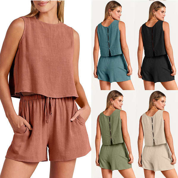 Women's Set Summer Sleeveless Tops And Drawstring Shorts Fashion Suit 2pcs - AccessoryWorldHub