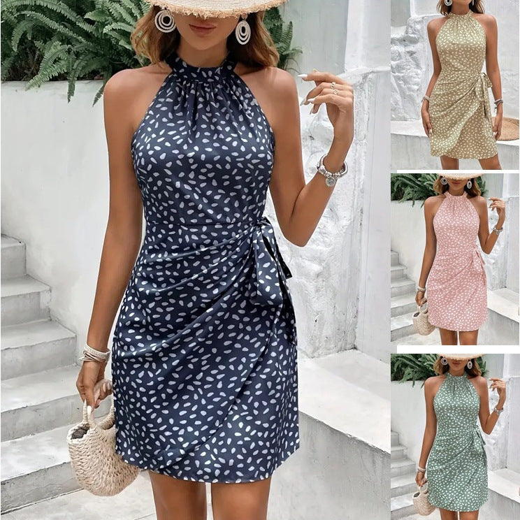 Summer Halterneck Printed Dress With Tied-waist Design Women's Shivering Dots Temperament Dress - AccessoryWorldHub