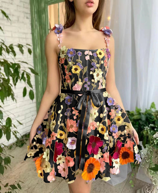 Three-dimensional Flower Embroidery Dress Summer Fashion Sweet A-line Suspender Dresses For Womens Clothing - AccessoryWorldHub