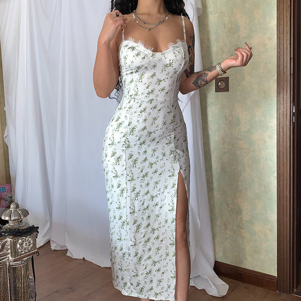 Lace Flowers Print Long Dress Sexy Fashion Slit Suspender Dress Summer Womens Clothing - AccessoryWorldHub