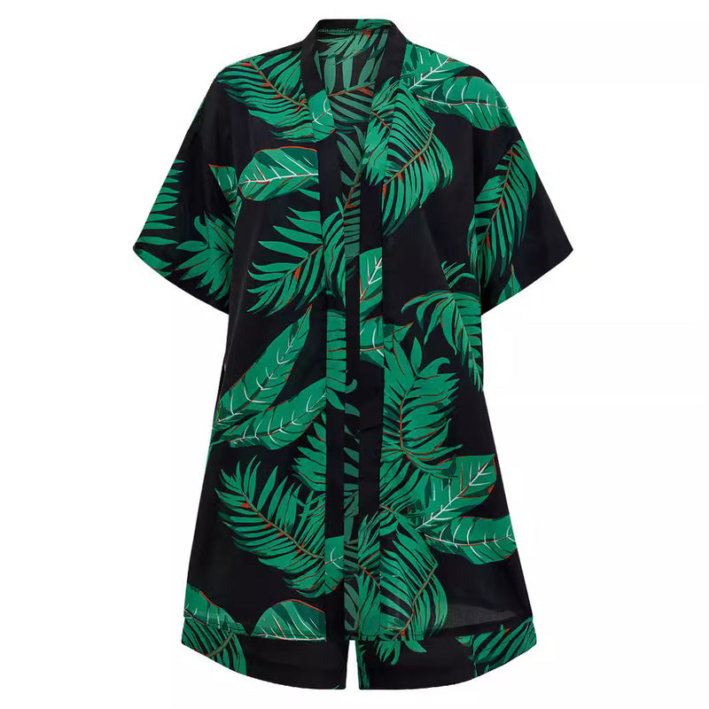 2pcs Casual Holiday Leaves Print Suit Summer Short Sleeve Shirt Top And Drawstring Shorts Sets For Womens Clothing - AccessoryWorldHub