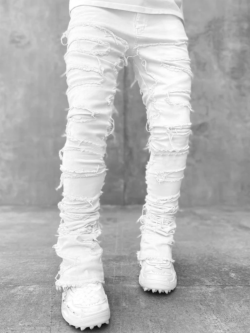 Men Trousers Individual Patched Pants Long Tight Fit Stacked Jeans For Mens Clothing - AccessoryWorldHub