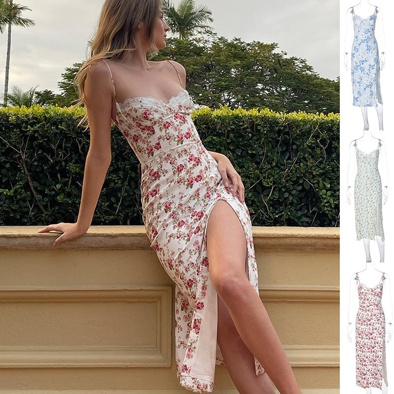 Lace Flowers Print Long Dress Sexy Fashion Slit Suspender Dress Summer Womens Clothing - AccessoryWorldHub