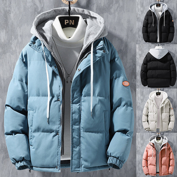 Fashion Hooded Jacket Men Winter Windproof Thickened Fake Two-piece Coat Solid Leisure Sports Cotton Jacket - AccessoryWorldHub