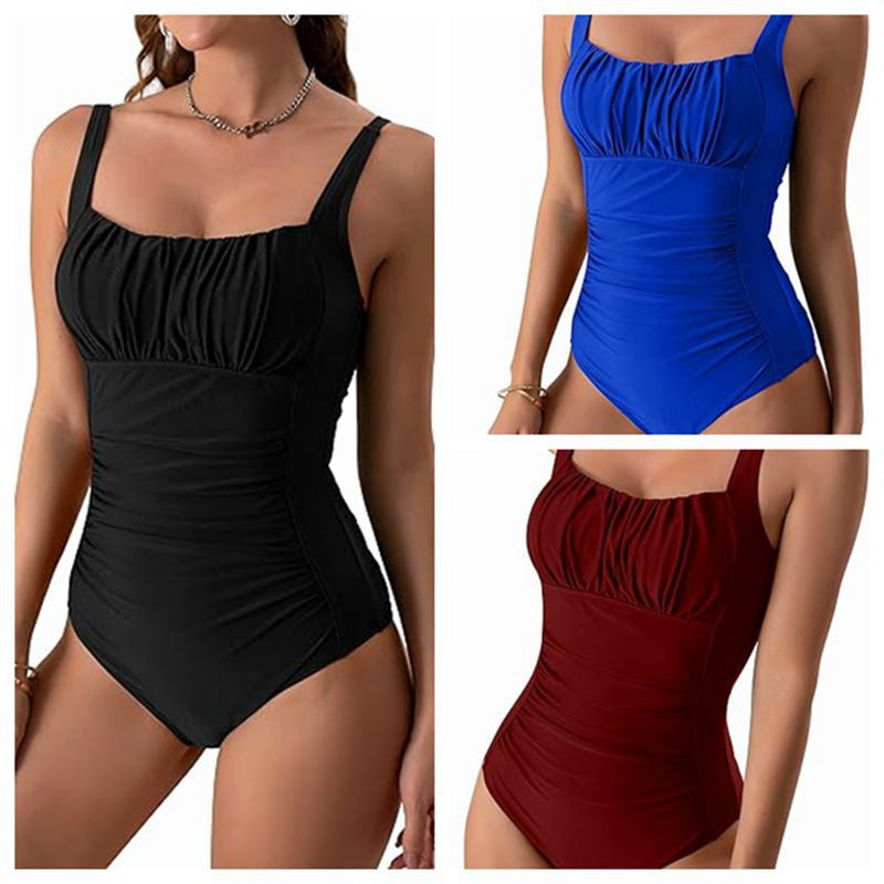 Sexy Square Neck One-piece Bikini Summer New Solid Color Pleated Design Swimsuit Beach Vacation Womens Clothing - AccessoryWorldHub