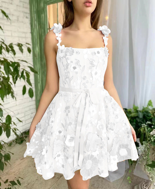 Three-dimensional Flower Embroidery Dress Summer Fashion Sweet A-line Suspender Dresses For Womens Clothing - AccessoryWorldHub