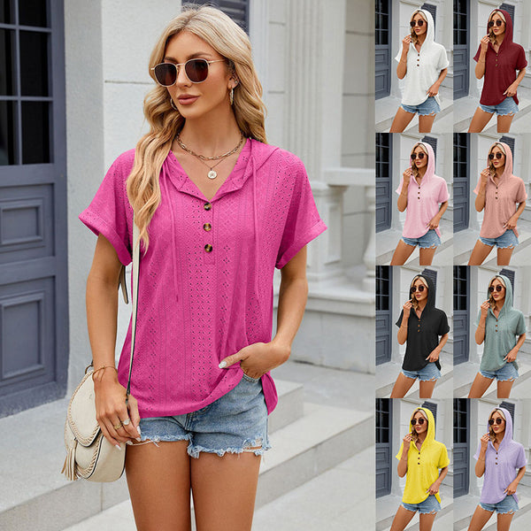 New Solid Color Hooded Button T-shirt Loose Hollow Design Short-sleeved Top For Womens Clothing - AccessoryWorldHub