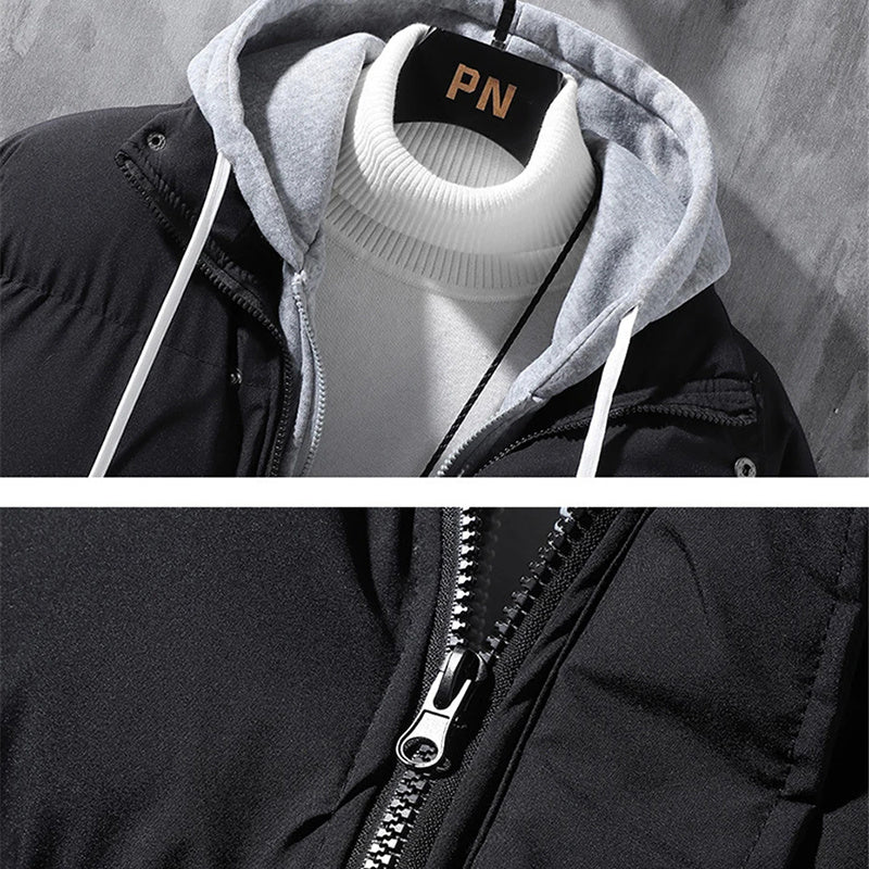 Fashion Hooded Jacket Men Winter Windproof Thickened Fake Two-piece Coat Solid Leisure Sports Cotton Jacket - AccessoryWorldHub