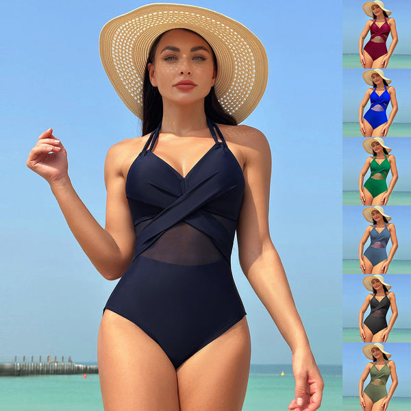 Halter-neck One-piece Swimsuit Summer Solid Color Cross-strap Design Mesh Bikini Beach Vacation Womens Clothing - AccessoryWorldHub