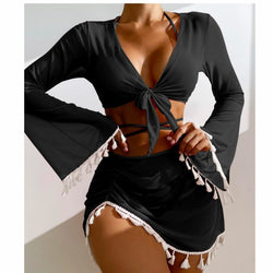 4pcs Solid Color Bikini With Short Skirt And Long Sleeve Cover-up Fashion Bow Tie Fringed Swimsuit Set Summer Beach Womens Clothing - AccessoryWorldHub