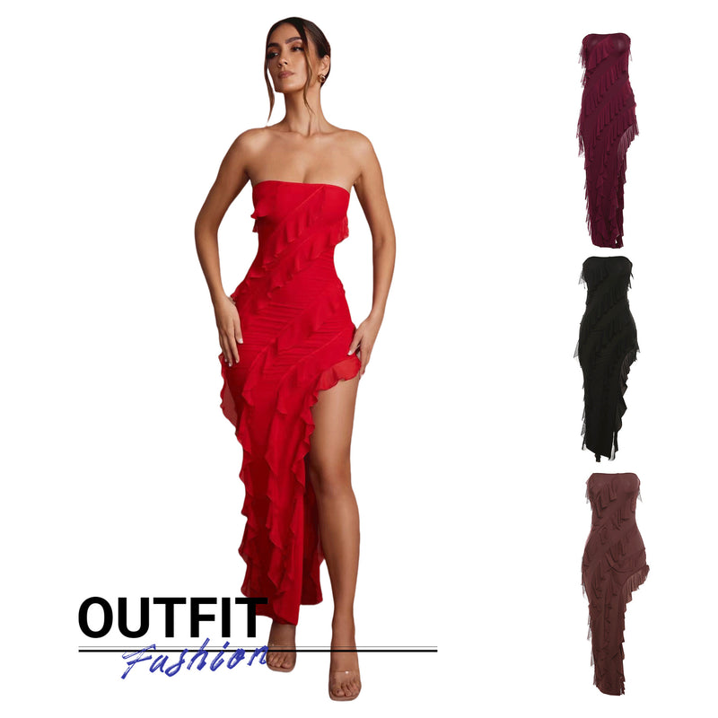 2024 Summer Trend Skinny Women's Fashion Tube Top Backless Split Tassel Dress Birthday Party Clubwear - AccessoryWorldHub