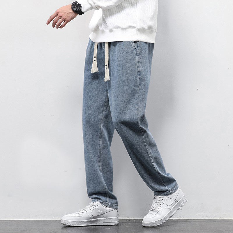 Summer Loose Wide Leg Jeans Pants Men Fashion Drawstring Elasticated Straight Trousers - AccessoryWorldHub