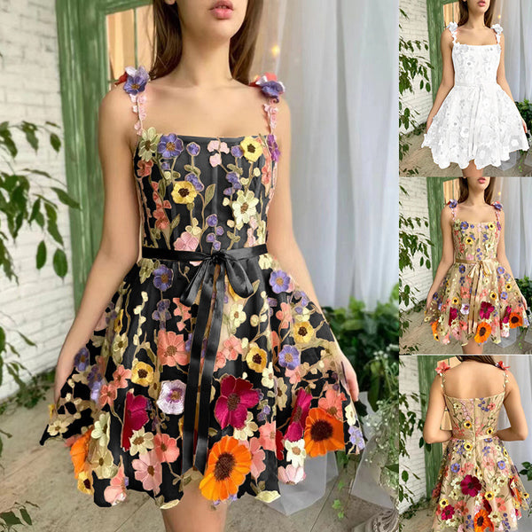 Three-dimensional Flower Embroidery Dress Summer Fashion Sweet A-line Suspender Dresses For Womens Clothing - AccessoryWorldHub