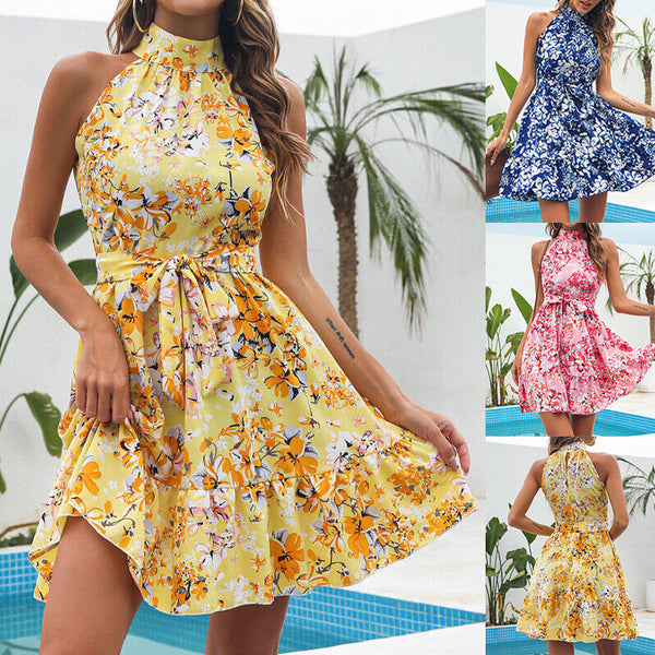 New Flowers Print Halterneck Dress Summer Fashion Temperament Lace-up Ruffled Dresses For Women - AccessoryWorldHub