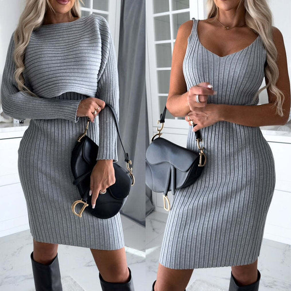 2pcs Suit Women's Solid Stripe Long-sleeved Top And Tight Suspender Skirt Fashion Autumn Winter Slim Clothing - AccessoryWorldHub