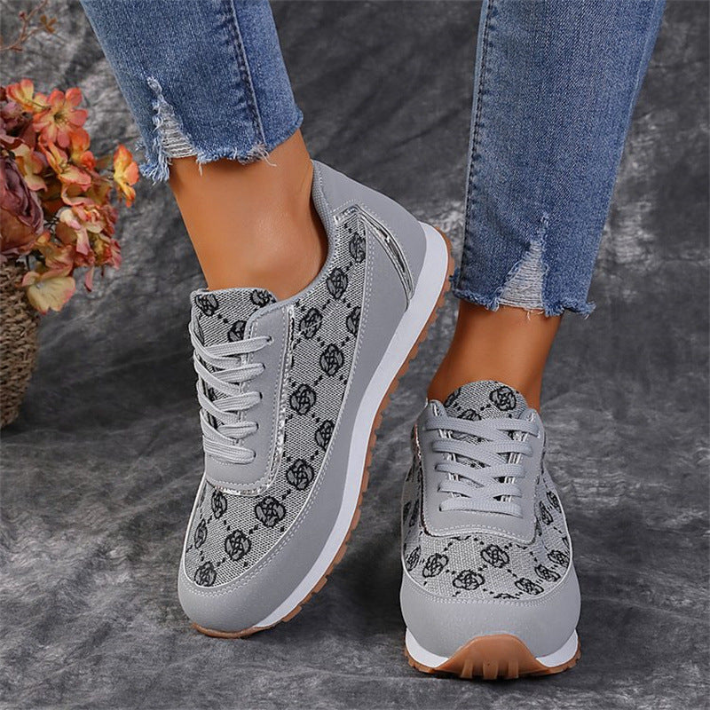 Flower Print Lace-up Sneakers Casual Fashion Lightweight Breathable Walking Running Sports Shoes Women Flats - AccessoryWorldHub