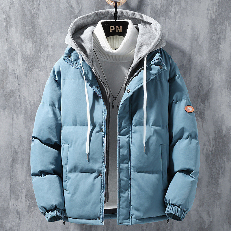 Fashion Hooded Jacket Men Winter Windproof Thickened Fake Two-piece Coat Solid Leisure Sports Cotton Jacket - AccessoryWorldHub