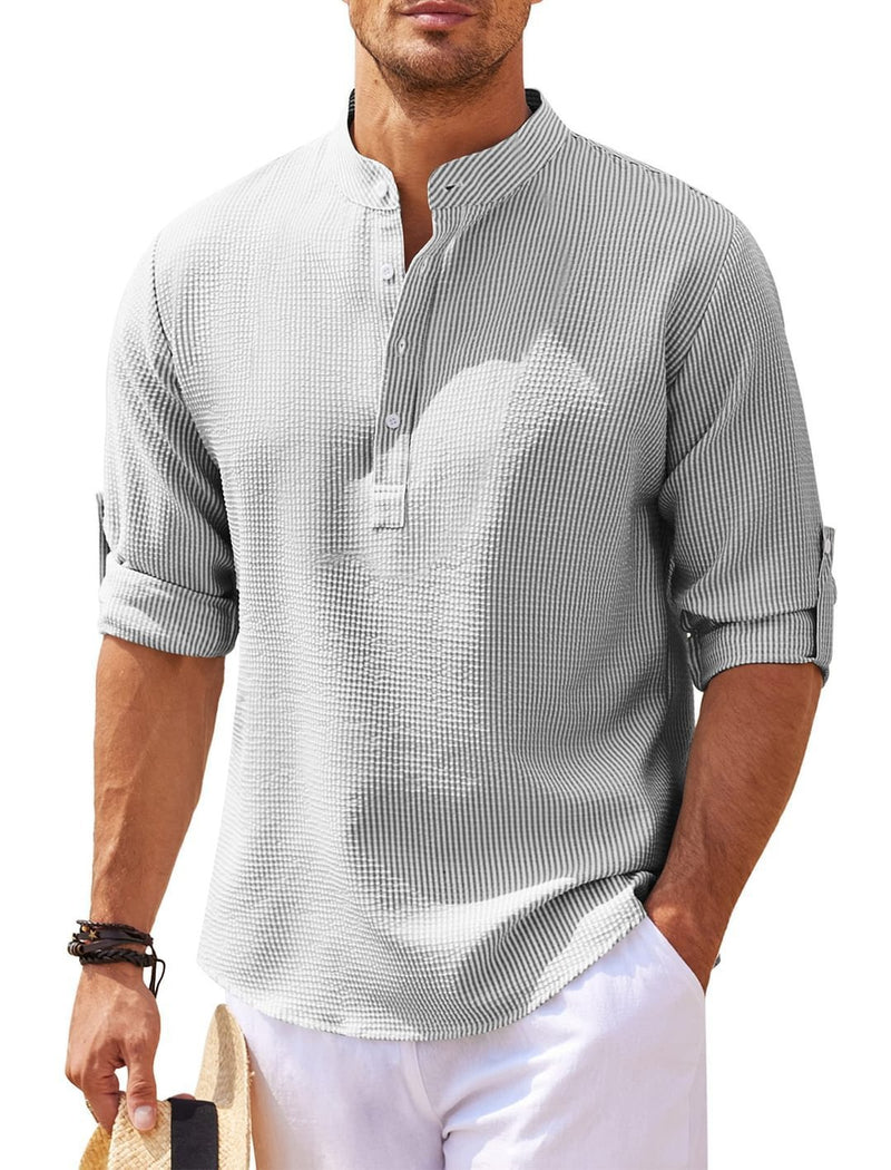 Men's Casual Shirt  Long Sleeve Stand Collar Solid Color Shirt Mens Clothing - AccessoryWorldHub