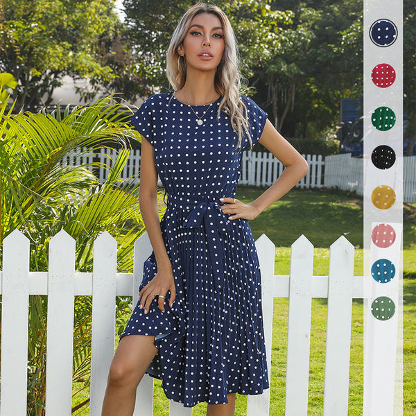 Summer Women Polka Dot Short Sleeve Dress Casual Bandage Party Pleated Midi Dresses Elegant Green Office Lady Clothing - AccessoryWorldHub