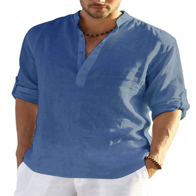 Men's Casual Cotton Linen Solid Color Long Sleeve Shirt Loose Stand Collar - AccessoryWorldHub