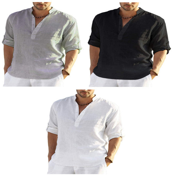 Men's Casual Cotton Linen Solid Color Long Sleeve Shirt Loose Stand Collar - AccessoryWorldHub