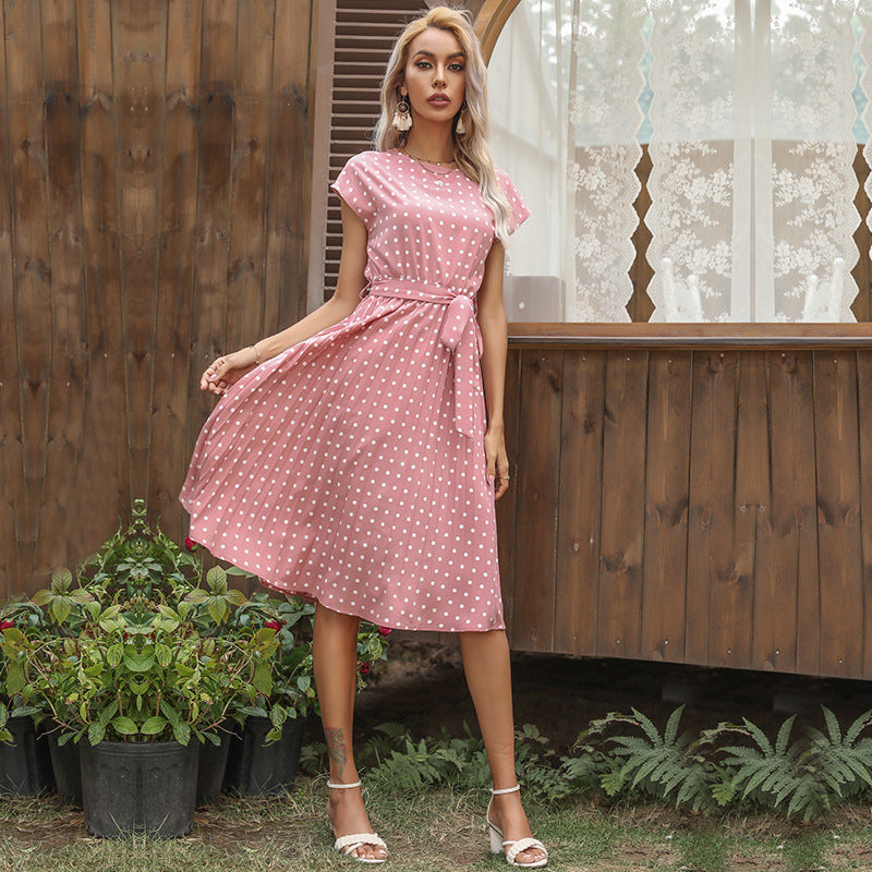 Summer Women Polka Dot Short Sleeve Dress Casual Bandage Party Pleated Midi Dresses Elegant Green Office Lady Clothing - AccessoryWorldHub